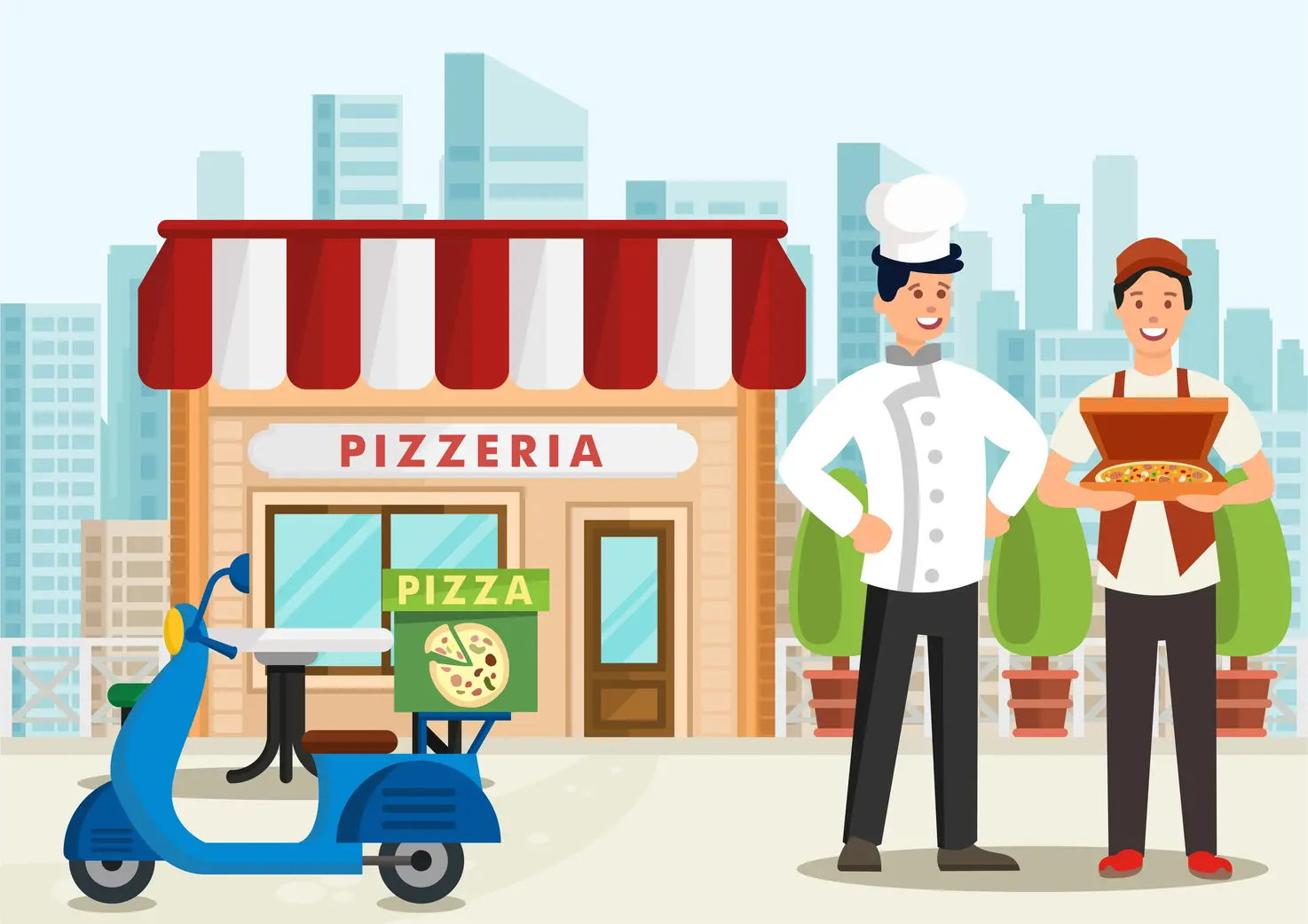 one chef and one delivery guy standing on front on next one pizza delivery cycle, behind pizza takeaway restaurant