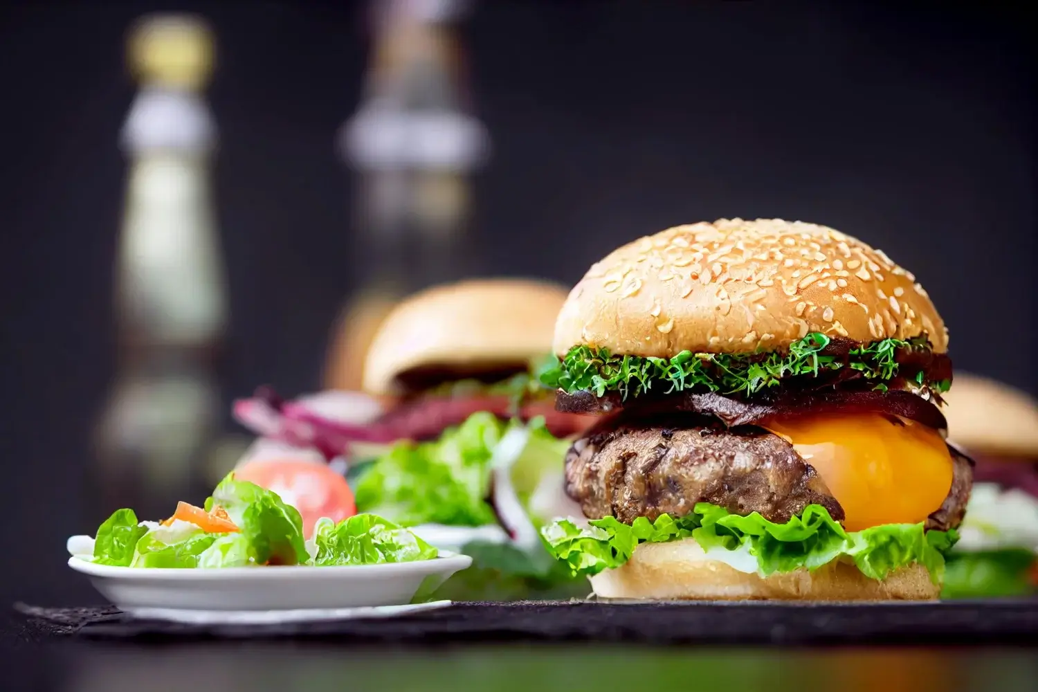 delicious-burger-with-vegetables-on-front-of-behind-another-burger-standing