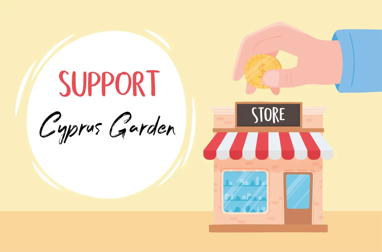 A store build on top a hand standing with coind on next support cyprus garden text